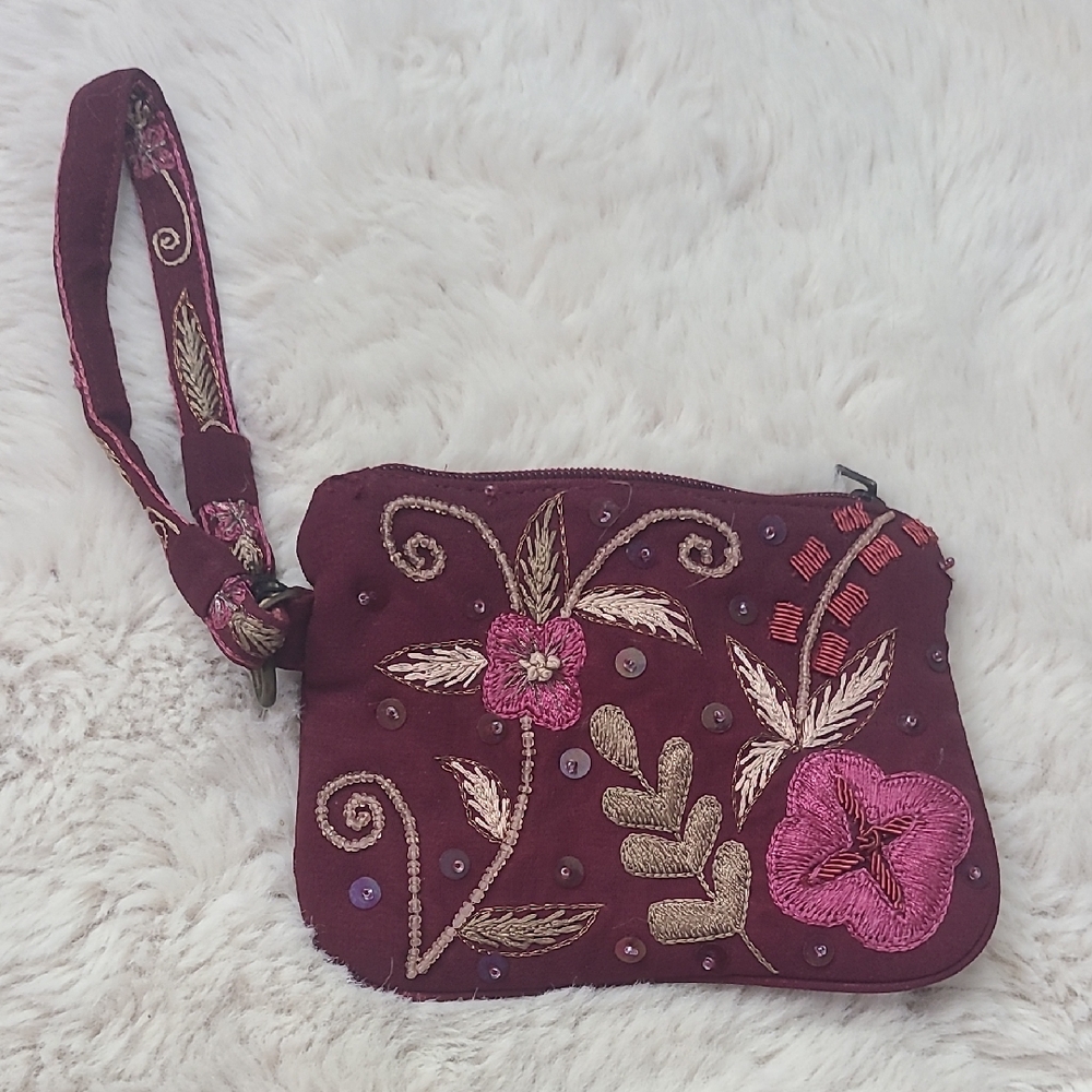 Express Small Embroidered Floral Wristlet - Burgundy
